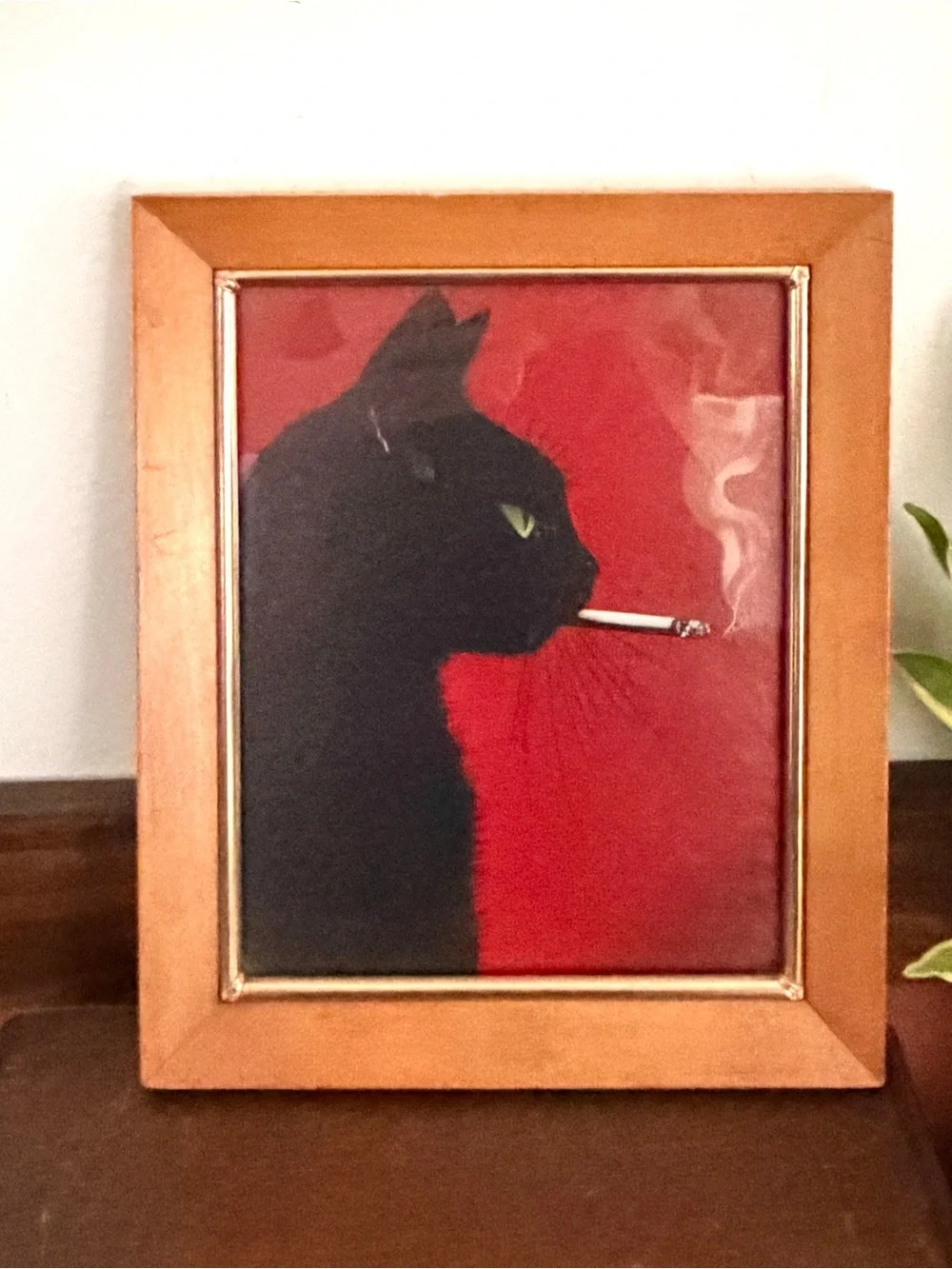 Black Cat Smoking a Cigarette Red Canvas Vintage Wood Framed Wall Hanging Art